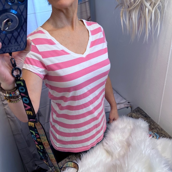 🔥2/$12 MOSSIMO•| Pink & White Striped Short Sleeve V-Neck Size XL - Picture 3 of 6